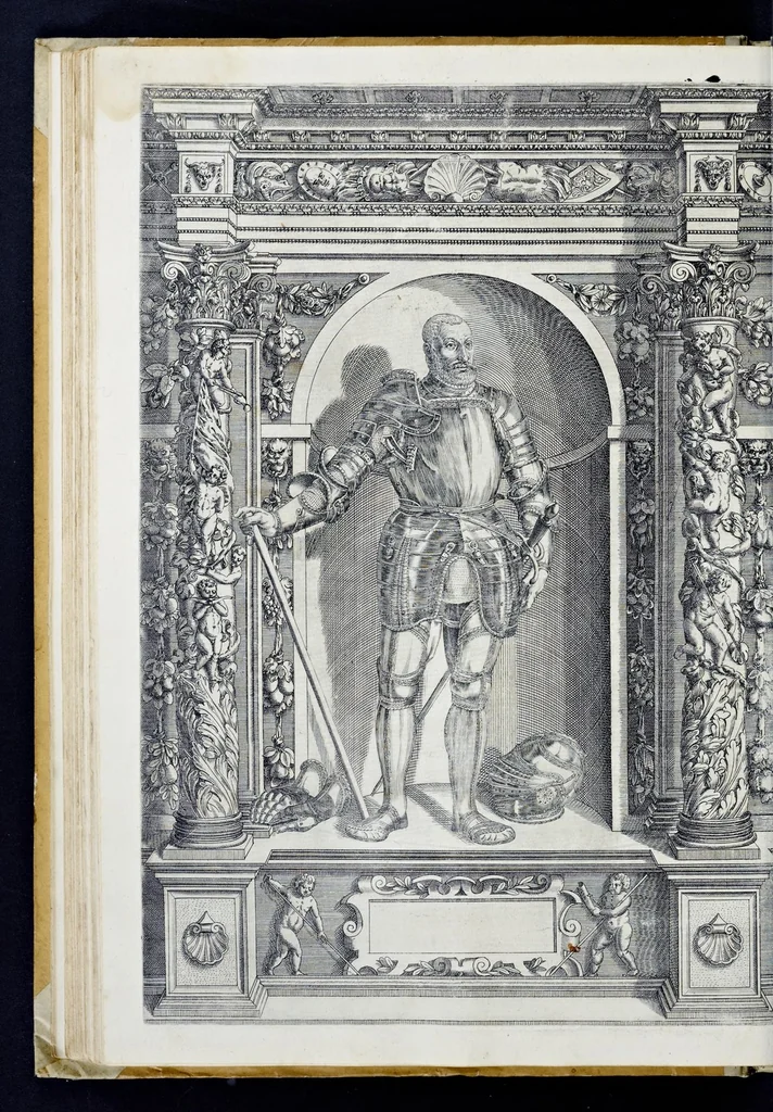 An illustration from Der aller durchleuchtigisten und grossmächtigen Kayser ... Königen und Ertzherzogen ... Fürsten wie auch Grafen, Herren vom Adel ... warhafftige Bildtnussen und kurtze Beschreibungen ihrer so wol in Fridts: als Kriegszzeiten verrichten fürnembsten Thaten und Handlungen : deren Waffen und Rüstungen ... fasst auss allen Landen der Welt ... unnd in der weytberühmbten Künstkammer ... in dem fürstlichen Schloss Ombrass, nit weyt von Inssprugg gelegen ... zu ewiger Gedächtnuss auffbehalten werden ..., 1603, leaf 167