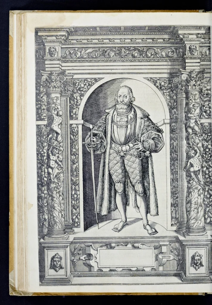 An illustration from Der aller durchleuchtigisten und grossmächtigen Kayser ... Königen und Ertzherzogen ... Fürsten wie auch Grafen, Herren vom Adel ... warhafftige Bildtnussen und kurtze Beschreibungen ihrer so wol in Fridts: als Kriegszzeiten verrichten fürnembsten Thaten und Handlungen : deren Waffen und Rüstungen ... fasst auss allen Landen der Welt ... unnd in der weytberühmbten Künstkammer ... in dem fürstlichen Schloss Ombrass, nit weyt von Inssprugg gelegen ... zu ewiger Gedächtnuss auffbehalten werden ..., 1603, leaf 171
