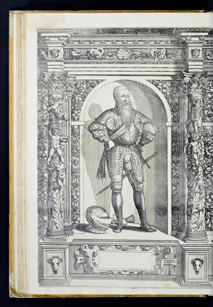 An illustration from Der aller durchleuchtigisten und grossmächtigen Kayser ... Königen und Ertzherzogen ... Fürsten wie auch Grafen, Herren vom Adel ... warhafftige Bildtnussen und kurtze Beschreibungen ihrer so wol in Fridts: als Kriegszzeiten verrichten fürnembsten Thaten und Handlungen : deren Waffen und Rüstungen ... fasst auss allen Landen der Welt ... unnd in der weytberühmbten Künstkammer ... in dem fürstlichen Schloss Ombrass, nit weyt von Inssprugg gelegen ... zu ewiger Gedächtnuss auffbehalten werden ..., 1603, leaf 175