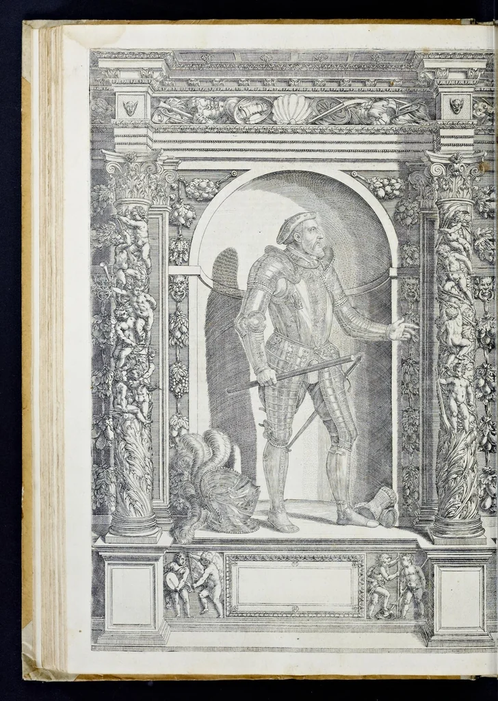 An illustration from Der aller durchleuchtigisten und grossmächtigen Kayser ... Königen und Ertzherzogen ... Fürsten wie auch Grafen, Herren vom Adel ... warhafftige Bildtnussen und kurtze Beschreibungen ihrer so wol in Fridts: als Kriegszzeiten verrichten fürnembsten Thaten und Handlungen : deren Waffen und Rüstungen ... fasst auss allen Landen der Welt ... unnd in der weytberühmbten Künstkammer ... in dem fürstlichen Schloss Ombrass, nit weyt von Inssprugg gelegen ... zu ewiger Gedächtnuss auffbehalten werden ..., 1603, leaf 185