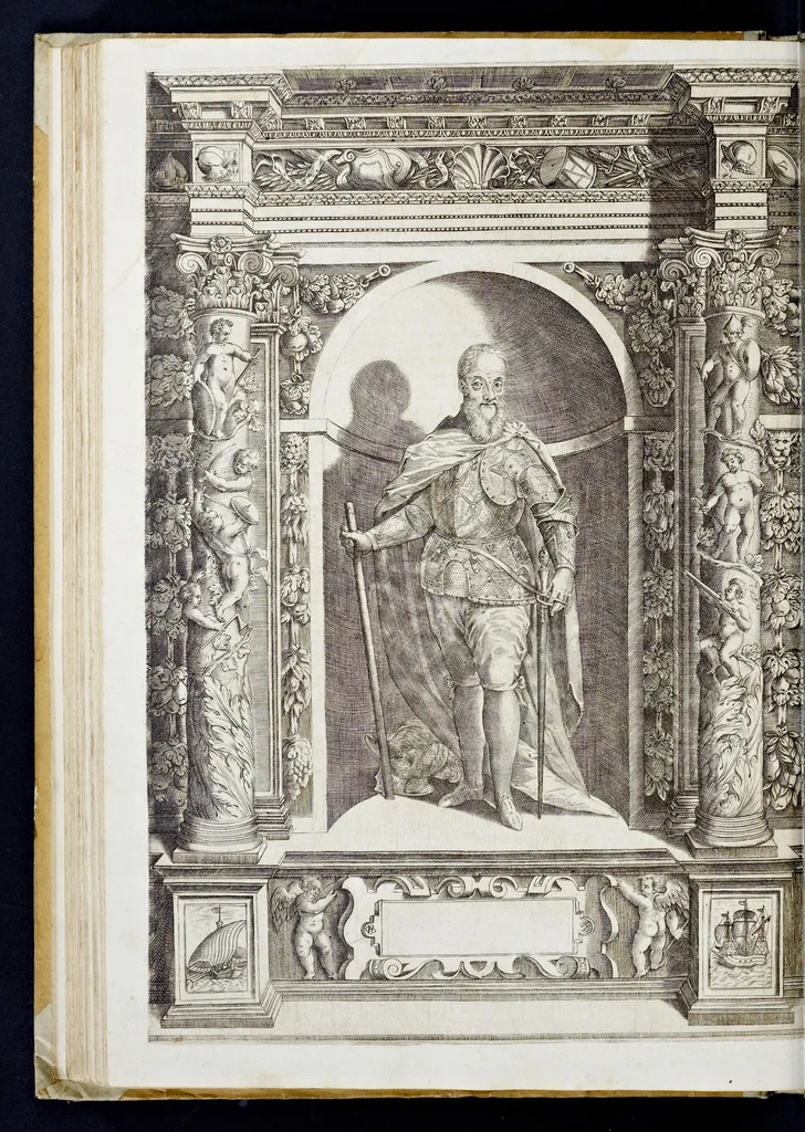 An illustration from Der aller durchleuchtigisten und grossmächtigen Kayser ... Königen und Ertzherzogen ... Fürsten wie auch Grafen, Herren vom Adel ... warhafftige Bildtnussen und kurtze Beschreibungen ihrer so wol in Fridts: als Kriegszzeiten verrichten fürnembsten Thaten und Handlungen : deren Waffen und Rüstungen ... fasst auss allen Landen der Welt ... unnd in der weytberühmbten Künstkammer ... in dem fürstlichen Schloss Ombrass, nit weyt von Inssprugg gelegen ... zu ewiger Gedächtnuss auffbehalten werden ..., 1603, leaf 195
