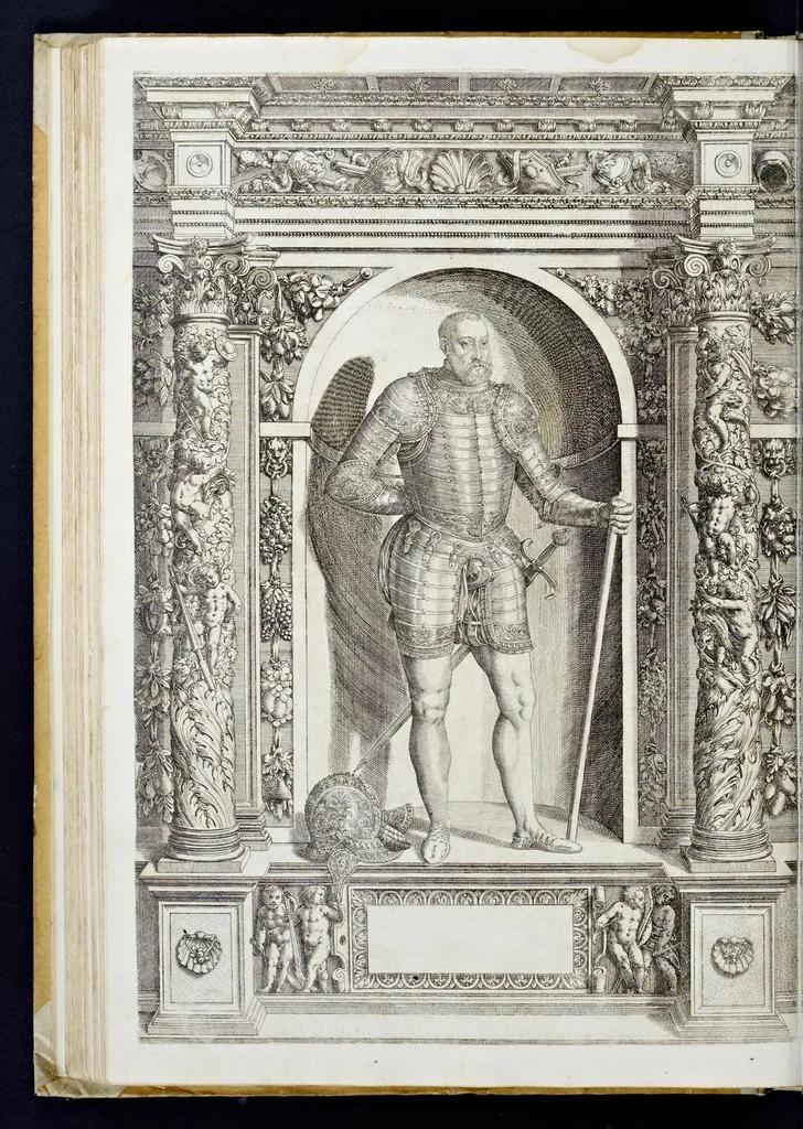 An illustration from Der aller durchleuchtigisten und grossmächtigen Kayser ... Königen und Ertzherzogen ... Fürsten wie auch Grafen, Herren vom Adel ... warhafftige Bildtnussen und kurtze Beschreibungen ihrer so wol in Fridts: als Kriegszzeiten verrichten fürnembsten Thaten und Handlungen : deren Waffen und Rüstungen ... fasst auss allen Landen der Welt ... unnd in der weytberühmbten Künstkammer ... in dem fürstlichen Schloss Ombrass, nit weyt von Inssprugg gelegen ... zu ewiger Gedächtnuss auffbehalten werden ..., 1603, leaf 199