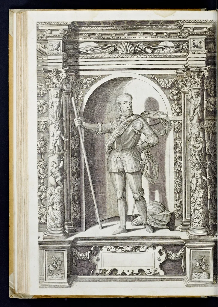 An illustration from Der aller durchleuchtigisten und grossmächtigen Kayser ... Königen und Ertzherzogen ... Fürsten wie auch Grafen, Herren vom Adel ... warhafftige Bildtnussen und kurtze Beschreibungen ihrer so wol in Fridts: als Kriegszzeiten verrichten fürnembsten Thaten und Handlungen : deren Waffen und Rüstungen ... fasst auss allen Landen der Welt ... unnd in der weytberühmbten Künstkammer ... in dem fürstlichen Schloss Ombrass, nit weyt von Inssprugg gelegen ... zu ewiger Gedächtnuss auffbehalten werden ..., 1603, leaf 203