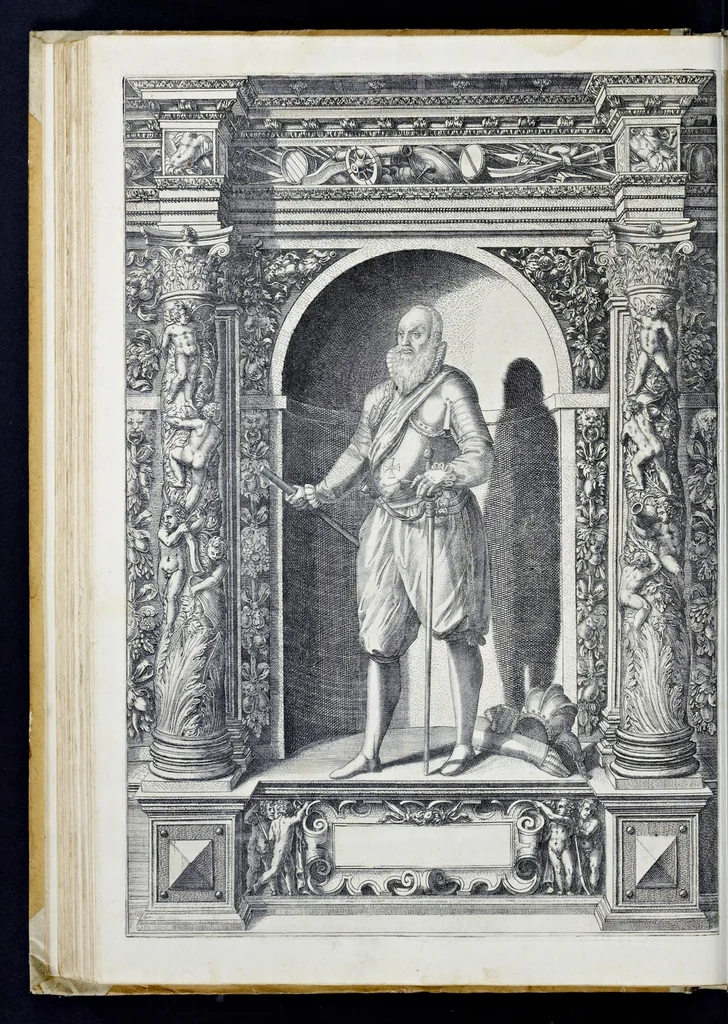 An illustration from Der aller durchleuchtigisten und grossmächtigen Kayser ... Königen und Ertzherzogen ... Fürsten wie auch Grafen, Herren vom Adel ... warhafftige Bildtnussen und kurtze Beschreibungen ihrer so wol in Fridts: als Kriegszzeiten verrichten fürnembsten Thaten und Handlungen : deren Waffen und Rüstungen ... fasst auss allen Landen der Welt ... unnd in der weytberühmbten Künstkammer ... in dem fürstlichen Schloss Ombrass, nit weyt von Inssprugg gelegen ... zu ewiger Gedächtnuss auffbehalten werden ..., 1603, leaf 205