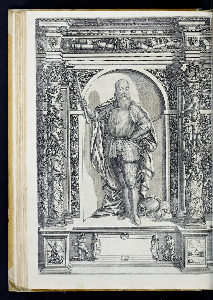 An illustration from Der aller durchleuchtigisten und grossmächtigen Kayser ... Königen und Ertzherzogen ... Fürsten wie auch Grafen, Herren vom Adel ... warhafftige Bildtnussen und kurtze Beschreibungen ihrer so wol in Fridts: als Kriegszzeiten verrichten fürnembsten Thaten und Handlungen : deren Waffen und Rüstungen ... fasst auss allen Landen der Welt ... unnd in der weytberühmbten Künstkammer ... in dem fürstlichen Schloss Ombrass, nit weyt von Inssprugg gelegen ... zu ewiger Gedächtnuss auffbehalten werden ..., 1603, leaf 215