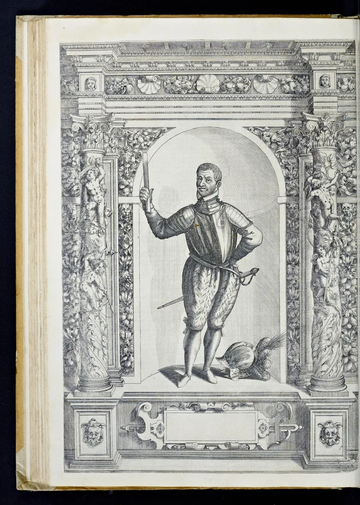 An illustration from Der aller durchleuchtigisten und grossmächtigen Kayser ... Königen und Ertzherzogen ... Fürsten wie auch Grafen, Herren vom Adel ... warhafftige Bildtnussen und kurtze Beschreibungen ihrer so wol in Fridts: als Kriegszzeiten verrichten fürnembsten Thaten und Handlungen : deren Waffen und Rüstungen ... fasst auss allen Landen der Welt ... unnd in der weytberühmbten Künstkammer ... in dem fürstlichen Schloss Ombrass, nit weyt von Inssprugg gelegen ... zu ewiger Gedächtnuss auffbehalten werden ..., 1603, leaf 223