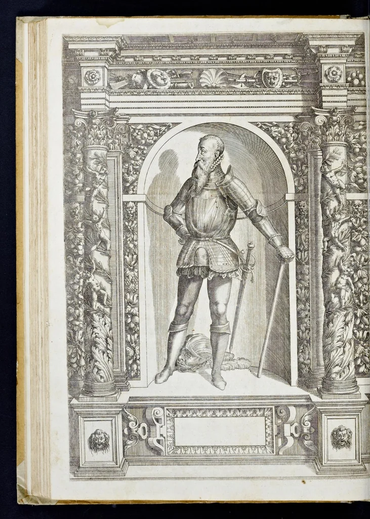 An illustration from Der aller durchleuchtigisten und grossmächtigen Kayser ... Königen und Ertzherzogen ... Fürsten wie auch Grafen, Herren vom Adel ... warhafftige Bildtnussen und kurtze Beschreibungen ihrer so wol in Fridts: als Kriegszzeiten verrichten fürnembsten Thaten und Handlungen : deren Waffen und Rüstungen ... fasst auss allen Landen der Welt ... unnd in der weytberühmbten Künstkammer ... in dem fürstlichen Schloss Ombrass, nit weyt von Inssprugg gelegen ... zu ewiger Gedächtnuss auffbehalten werden ..., 1603, leaf 227