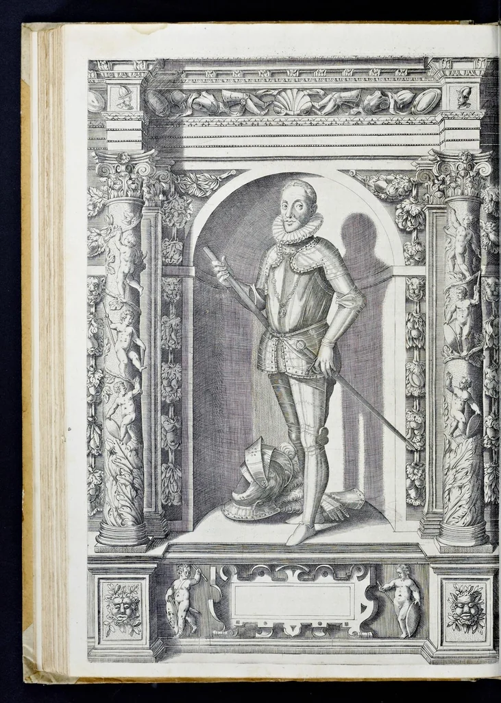 An illustration from Der aller durchleuchtigisten und grossmächtigen Kayser ... Königen und Ertzherzogen ... Fürsten wie auch Grafen, Herren vom Adel ... warhafftige Bildtnussen und kurtze Beschreibungen ihrer so wol in Fridts: als Kriegszzeiten verrichten fürnembsten Thaten und Handlungen : deren Waffen und Rüstungen ... fasst auss allen Landen der Welt ... unnd in der weytberühmbten Künstkammer ... in dem fürstlichen Schloss Ombrass, nit weyt von Inssprugg gelegen ... zu ewiger Gedächtnuss auffbehalten werden ..., 1603, leaf 231