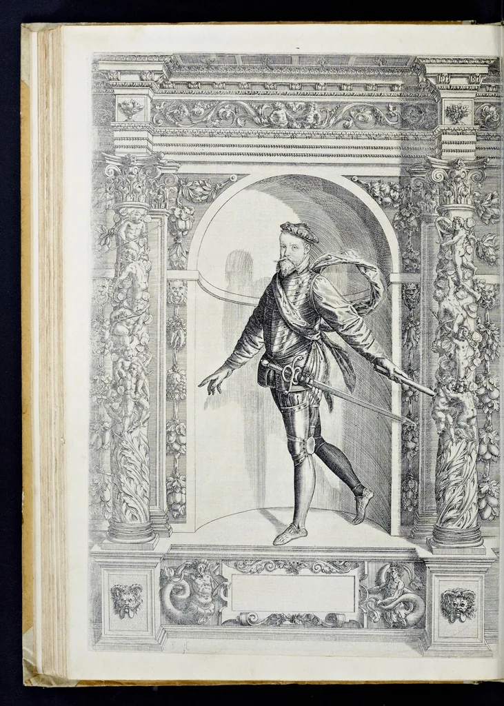An illustration from Der aller durchleuchtigisten und grossmächtigen Kayser ... Königen und Ertzherzogen ... Fürsten wie auch Grafen, Herren vom Adel ... warhafftige Bildtnussen und kurtze Beschreibungen ihrer so wol in Fridts: als Kriegszzeiten verrichten fürnembsten Thaten und Handlungen : deren Waffen und Rüstungen ... fasst auss allen Landen der Welt ... unnd in der weytberühmbten Künstkammer ... in dem fürstlichen Schloss Ombrass, nit weyt von Inssprugg gelegen ... zu ewiger Gedächtnuss auffbehalten werden ..., 1603, leaf 235