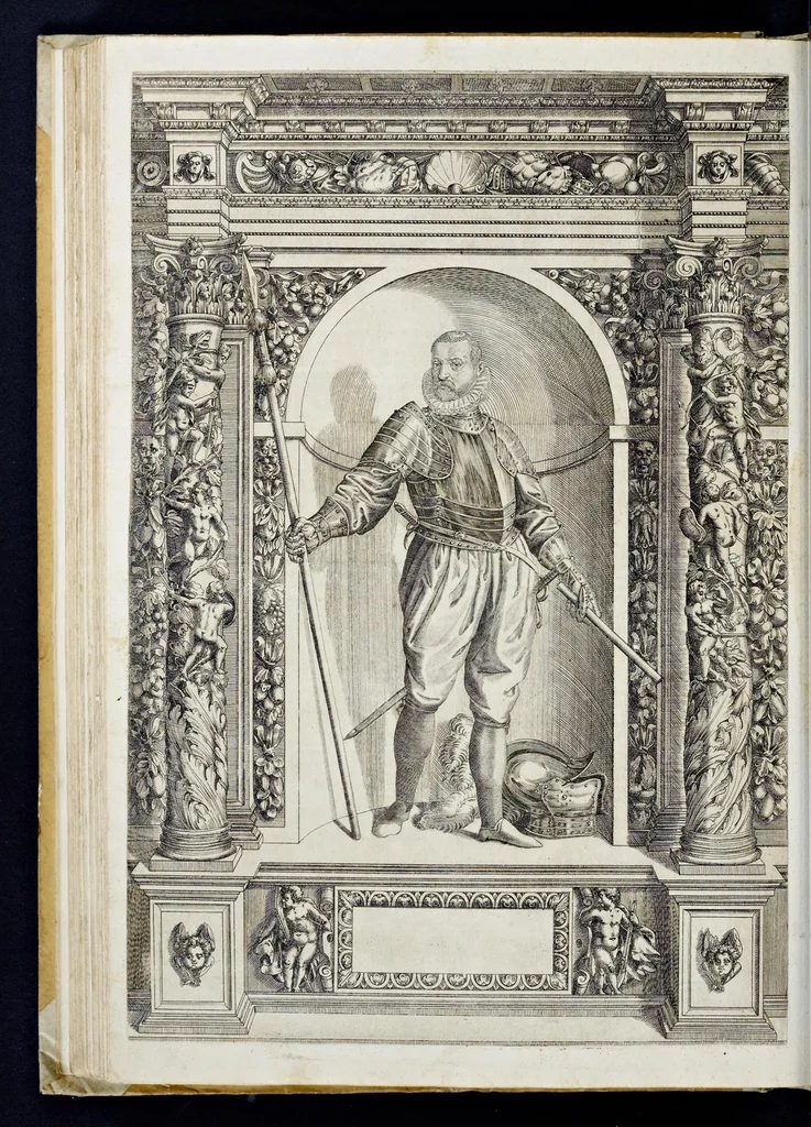 An illustration from Der aller durchleuchtigisten und grossmächtigen Kayser ... Königen und Ertzherzogen ... Fürsten wie auch Grafen, Herren vom Adel ... warhafftige Bildtnussen und kurtze Beschreibungen ihrer so wol in Fridts: als Kriegszzeiten verrichten fürnembsten Thaten und Handlungen : deren Waffen und Rüstungen ... fasst auss allen Landen der Welt ... unnd in der weytberühmbten Künstkammer ... in dem fürstlichen Schloss Ombrass, nit weyt von Inssprugg gelegen ... zu ewiger Gedächtnuss auffbehalten werden ..., 1603, leaf 253
