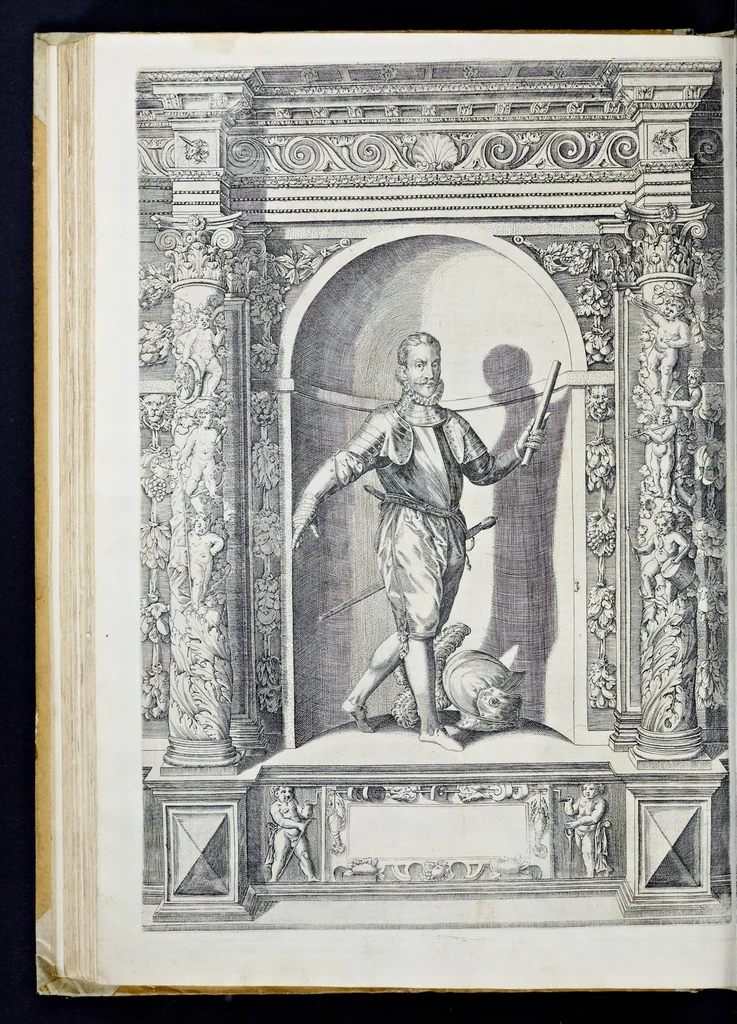 An illustration from Der aller durchleuchtigisten und grossmächtigen Kayser ... Königen und Ertzherzogen ... Fürsten wie auch Grafen, Herren vom Adel ... warhafftige Bildtnussen und kurtze Beschreibungen ihrer so wol in Fridts: als Kriegszzeiten verrichten fürnembsten Thaten und Handlungen : deren Waffen und Rüstungen ... fasst auss allen Landen der Welt ... unnd in der weytberühmbten Künstkammer ... in dem fürstlichen Schloss Ombrass, nit weyt von Inssprugg gelegen ... zu ewiger Gedächtnuss auffbehalten werden ..., 1603, leaf 257