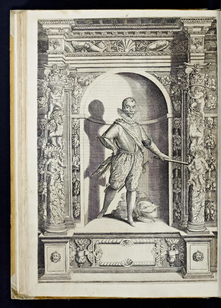 An illustration from Der aller durchleuchtigisten und grossmächtigen Kayser ... Königen und Ertzherzogen ... Fürsten wie auch Grafen, Herren vom Adel ... warhafftige Bildtnussen und kurtze Beschreibungen ihrer so wol in Fridts: als Kriegszzeiten verrichten fürnembsten Thaten und Handlungen : deren Waffen und Rüstungen ... fasst auss allen Landen der Welt ... unnd in der weytberühmbten Künstkammer ... in dem fürstlichen Schloss Ombrass, nit weyt von Inssprugg gelegen ... zu ewiger Gedächtnuss auffbehalten werden ..., 1603, leaf 263