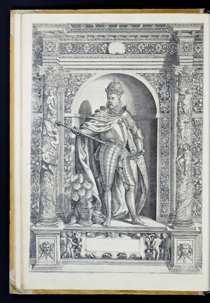An illustration from Der aller durchleuchtigisten und grossmächtigen Kayser ... Königen und Ertzherzogen ... Fürsten wie auch Grafen, Herren vom Adel ... warhafftige Bildtnussen und kurtze Beschreibungen ihrer so wol in Fridts: als Kriegszzeiten verrichten fürnembsten Thaten und Handlungen : deren Waffen und Rüstungen ... fasst auss allen Landen der Welt ... unnd in der weytberühmbten Künstkammer ... in dem fürstlichen Schloss Ombrass, nit weyt von Inssprugg gelegen ... zu ewiger Gedächtnuss auffbehalten werden ..., 1603, leaf 29
