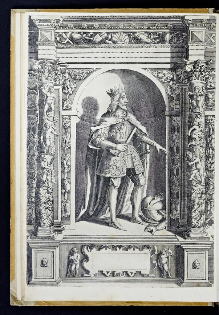 An illustration from Der aller durchleuchtigisten und grossmächtigen Kayser ... Königen und Ertzherzogen ... Fürsten wie auch Grafen, Herren vom Adel ... warhafftige Bildtnussen und kurtze Beschreibungen ihrer so wol in Fridts: als Kriegszzeiten verrichten fürnembsten Thaten und Handlungen : deren Waffen und Rüstungen ... fasst auss allen Landen der Welt ... unnd in der weytberühmbten Künstkammer ... in dem fürstlichen Schloss Ombrass, nit weyt von Inssprugg gelegen ... zu ewiger Gedächtnuss auffbehalten werden ..., 1603, leaf 31