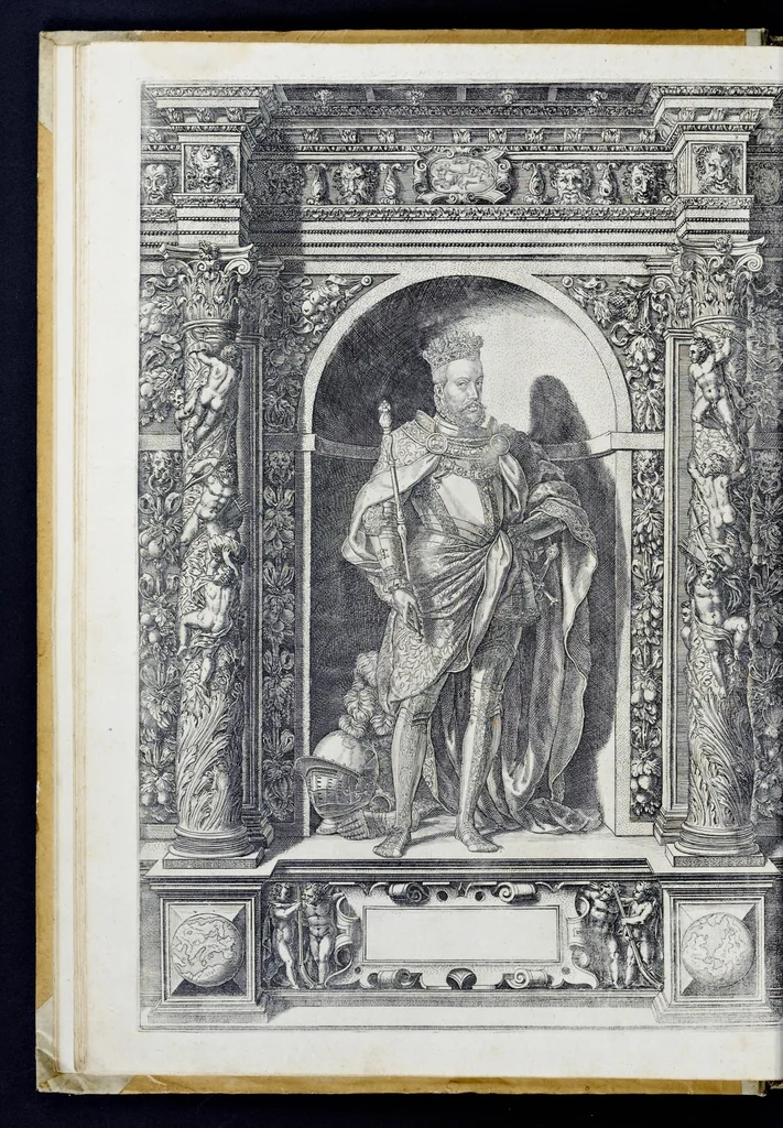 An illustration from Der aller durchleuchtigisten und grossmächtigen Kayser ... Königen und Ertzherzogen ... Fürsten wie auch Grafen, Herren vom Adel ... warhafftige Bildtnussen und kurtze Beschreibungen ihrer so wol in Fridts: als Kriegszzeiten verrichten fürnembsten Thaten und Handlungen : deren Waffen und Rüstungen ... fasst auss allen Landen der Welt ... unnd in der weytberühmbten Künstkammer ... in dem fürstlichen Schloss Ombrass, nit weyt von Inssprugg gelegen ... zu ewiger Gedächtnuss auffbehalten werden ..., 1603, leaf 37