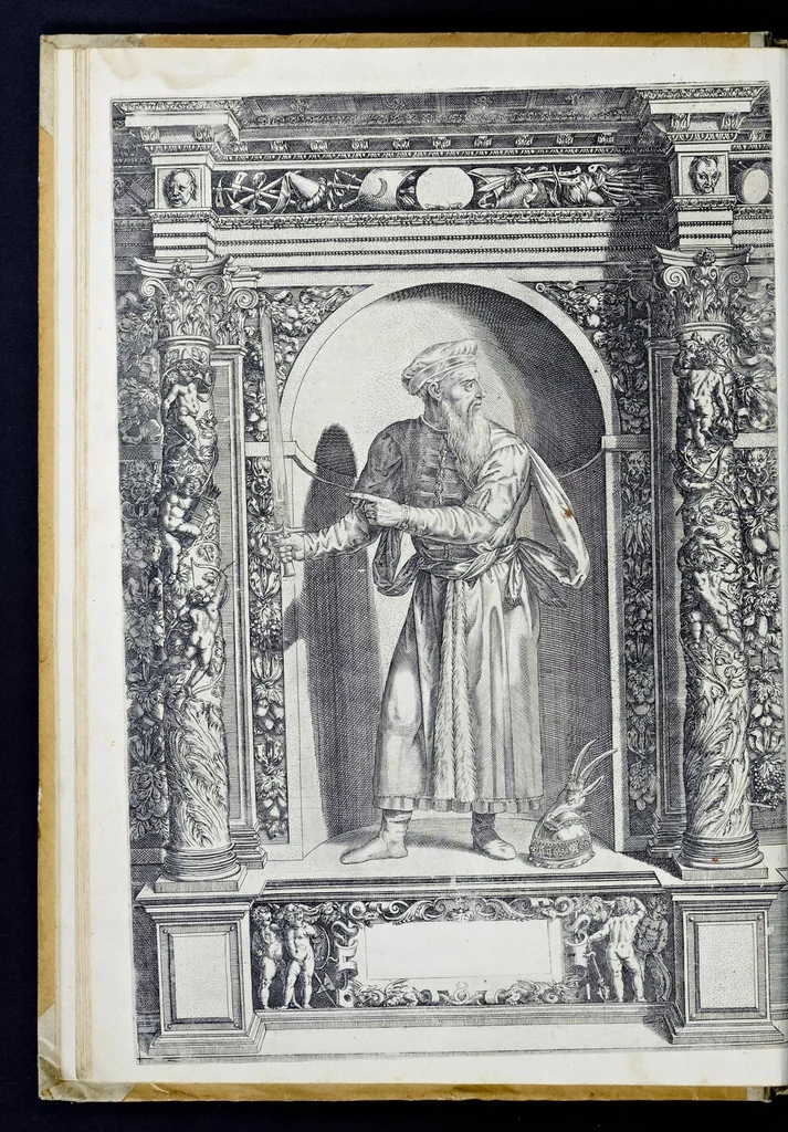 An illustration from Der aller durchleuchtigisten und grossmächtigen Kayser ... Königen und Ertzherzogen ... Fürsten wie auch Grafen, Herren vom Adel ... warhafftige Bildtnussen und kurtze Beschreibungen ihrer so wol in Fridts: als Kriegszzeiten verrichten fürnembsten Thaten und Handlungen : deren Waffen und Rüstungen ... fasst auss allen Landen der Welt ... unnd in der weytberühmbten Künstkammer ... in dem fürstlichen Schloss Ombrass, nit weyt von Inssprugg gelegen ... zu ewiger Gedächtnuss auffbehalten werden ..., 1603, leaf 45