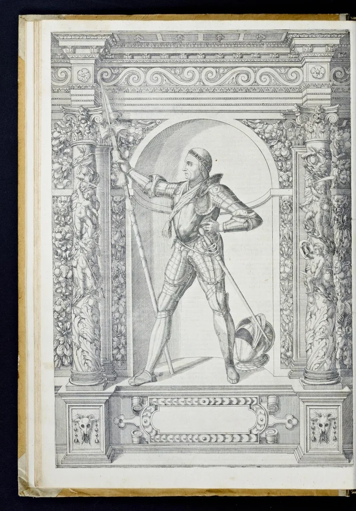 An illustration from Der aller durchleuchtigisten und grossmächtigen Kayser ... Königen und Ertzherzogen ... Fürsten wie auch Grafen, Herren vom Adel ... warhafftige Bildtnussen und kurtze Beschreibungen ihrer so wol in Fridts: als Kriegszzeiten verrichten fürnembsten Thaten und Handlungen : deren Waffen und Rüstungen ... fasst auss allen Landen der Welt ... unnd in der weytberühmbten Künstkammer ... in dem fürstlichen Schloss Ombrass, nit weyt von Inssprugg gelegen ... zu ewiger Gedächtnuss auffbehalten werden ..., 1603, leaf 49