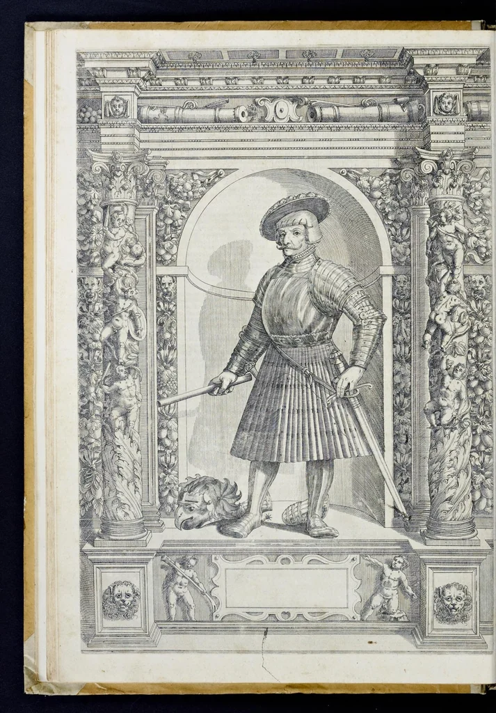 An illustration from Der aller durchleuchtigisten und grossmächtigen Kayser ... Königen und Ertzherzogen ... Fürsten wie auch Grafen, Herren vom Adel ... warhafftige Bildtnussen und kurtze Beschreibungen ihrer so wol in Fridts: als Kriegszzeiten verrichten fürnembsten Thaten und Handlungen : deren Waffen und Rüstungen ... fasst auss allen Landen der Welt ... unnd in der weytberühmbten Künstkammer ... in dem fürstlichen Schloss Ombrass, nit weyt von Inssprugg gelegen ... zu ewiger Gedächtnuss auffbehalten werden ..., 1603, leaf 51