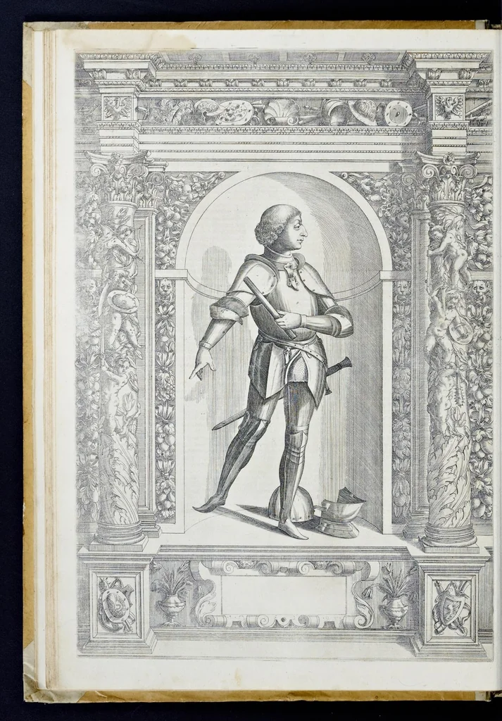 An illustration from Der aller durchleuchtigisten und grossmächtigen Kayser ... Königen und Ertzherzogen ... Fürsten wie auch Grafen, Herren vom Adel ... warhafftige Bildtnussen und kurtze Beschreibungen ihrer so wol in Fridts: als Kriegszzeiten verrichten fürnembsten Thaten und Handlungen : deren Waffen und Rüstungen ... fasst auss allen Landen der Welt ... unnd in der weytberühmbten Künstkammer ... in dem fürstlichen Schloss Ombrass, nit weyt von Inssprugg gelegen ... zu ewiger Gedächtnuss auffbehalten werden ..., 1603, leaf 55