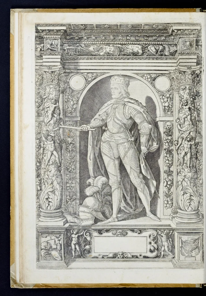 An illustration from Der aller durchleuchtigisten und grossmächtigen Kayser ... Königen und Ertzherzogen ... Fürsten wie auch Grafen, Herren vom Adel ... warhafftige Bildtnussen und kurtze Beschreibungen ihrer so wol in Fridts: als Kriegszzeiten verrichten fürnembsten Thaten und Handlungen : deren Waffen und Rüstungen ... fasst auss allen Landen der Welt ... unnd in der weytberühmbten Künstkammer ... in dem fürstlichen Schloss Ombrass, nit weyt von Inssprugg gelegen ... zu ewiger Gedächtnuss auffbehalten werden ..., 1603, leaf 63