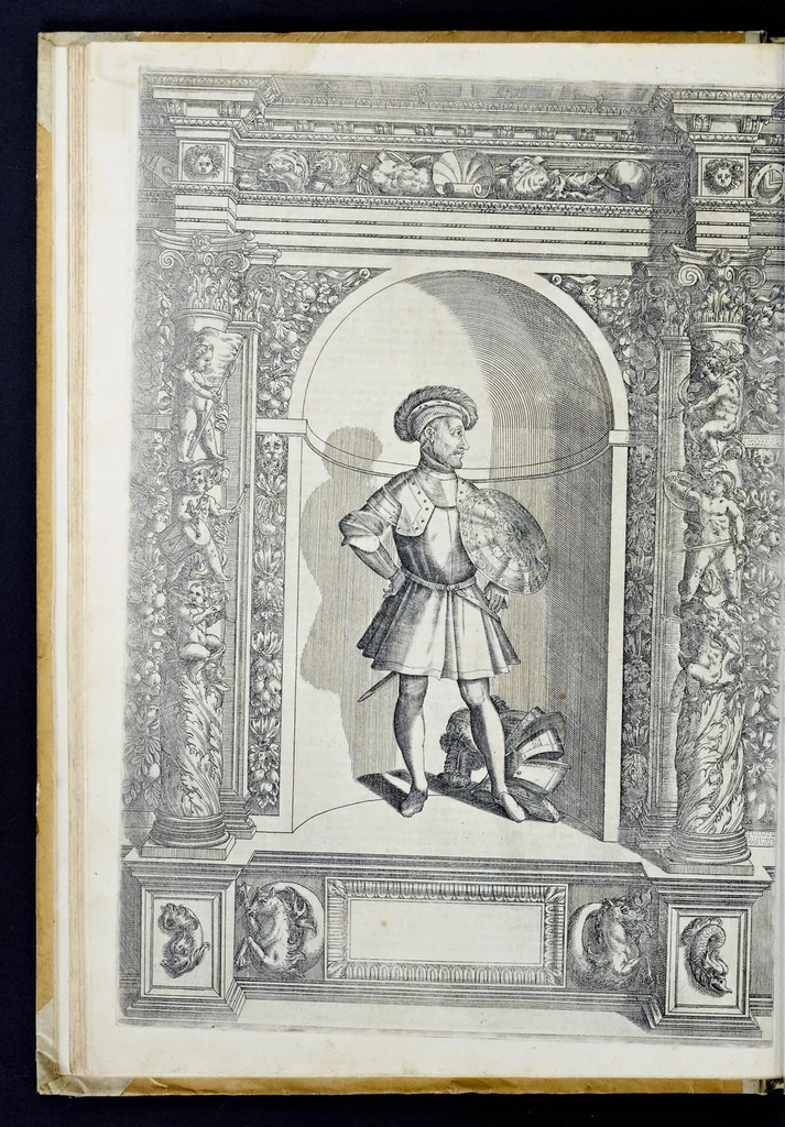 An illustration from Der aller durchleuchtigisten und grossmächtigen Kayser ... Königen und Ertzherzogen ... Fürsten wie auch Grafen, Herren vom Adel ... warhafftige Bildtnussen und kurtze Beschreibungen ihrer so wol in Fridts: als Kriegszzeiten verrichten fürnembsten Thaten und Handlungen : deren Waffen und Rüstungen ... fasst auss allen Landen der Welt ... unnd in der weytberühmbten Künstkammer ... in dem fürstlichen Schloss Ombrass, nit weyt von Inssprugg gelegen ... zu ewiger Gedächtnuss auffbehalten werden ..., 1603, leaf 73