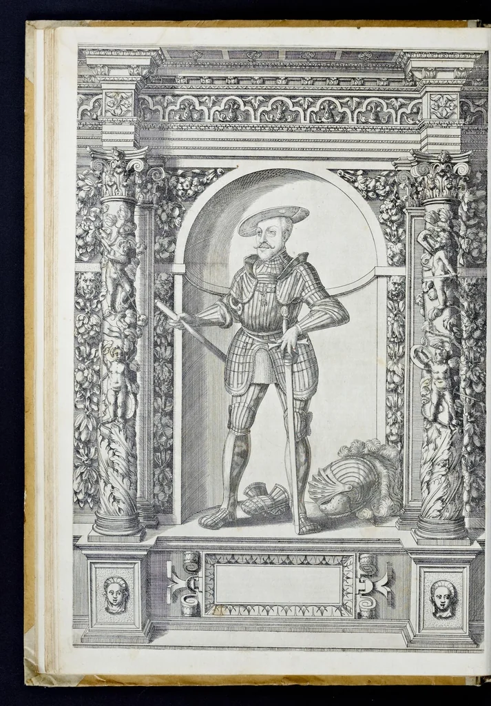 An illustration from Der aller durchleuchtigisten und grossmächtigen Kayser ... Königen und Ertzherzogen ... Fürsten wie auch Grafen, Herren vom Adel ... warhafftige Bildtnussen und kurtze Beschreibungen ihrer so wol in Fridts: als Kriegszzeiten verrichten fürnembsten Thaten und Handlungen : deren Waffen und Rüstungen ... fasst auss allen Landen der Welt ... unnd in der weytberühmbten Künstkammer ... in dem fürstlichen Schloss Ombrass, nit weyt von Inssprugg gelegen ... zu ewiger Gedächtnuss auffbehalten werden ..., 1603, leaf 77