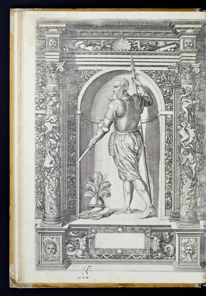 An illustration from Der aller durchleuchtigisten und grossmächtigen Kayser ... Königen und Ertzherzogen ... Fürsten wie auch Grafen, Herren vom Adel ... warhafftige Bildtnussen und kurtze Beschreibungen ihrer so wol in Fridts: als Kriegszzeiten verrichten fürnembsten Thaten und Handlungen : deren Waffen und Rüstungen ... fasst auss allen Landen der Welt ... unnd in der weytberühmbten Künstkammer ... in dem fürstlichen Schloss Ombrass, nit weyt von Inssprugg gelegen ... zu ewiger Gedächtnuss auffbehalten werden ..., 1603, leaf 83