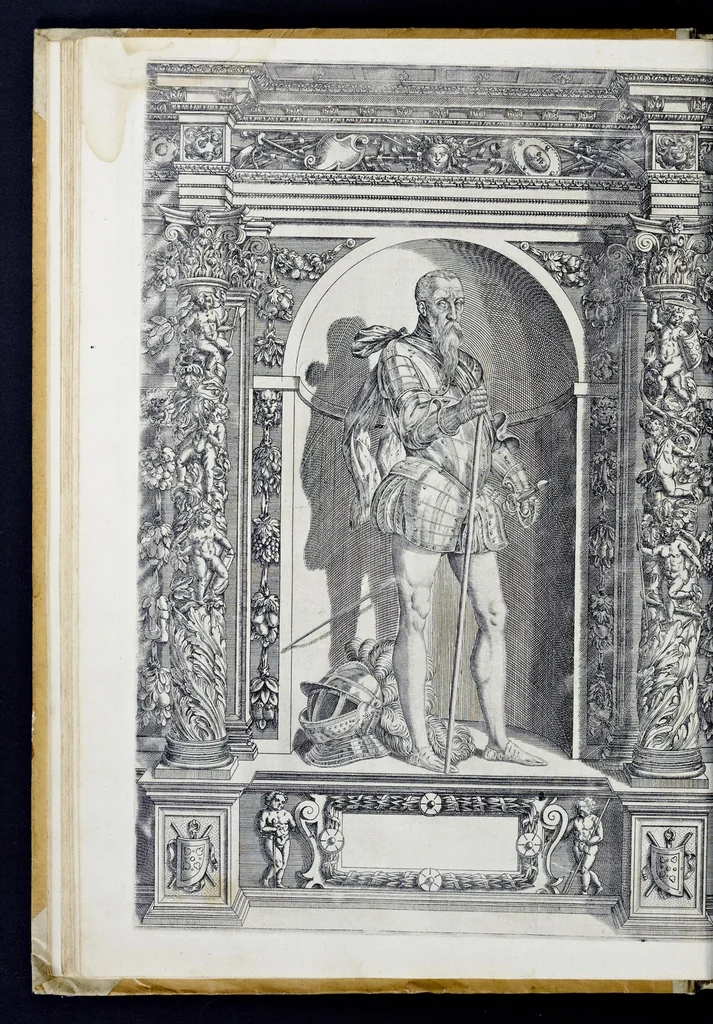 An illustration from Der aller durchleuchtigisten und grossmächtigen Kayser ... Königen und Ertzherzogen ... Fürsten wie auch Grafen, Herren vom Adel ... warhafftige Bildtnussen und kurtze Beschreibungen ihrer so wol in Fridts: als Kriegszzeiten verrichten fürnembsten Thaten und Handlungen : deren Waffen und Rüstungen ... fasst auss allen Landen der Welt ... unnd in der weytberühmbten Künstkammer ... in dem fürstlichen Schloss Ombrass, nit weyt von Inssprugg gelegen ... zu ewiger Gedächtnuss auffbehalten werden ..., 1603, leaf 87