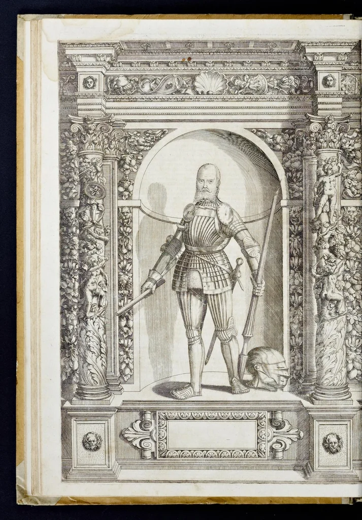 An illustration from Der aller durchleuchtigisten und grossmächtigen Kayser ... Königen und Ertzherzogen ... Fürsten wie auch Grafen, Herren vom Adel ... warhafftige Bildtnussen und kurtze Beschreibungen ihrer so wol in Fridts: als Kriegszzeiten verrichten fürnembsten Thaten und Handlungen : deren Waffen und Rüstungen ... fasst auss allen Landen der Welt ... unnd in der weytberühmbten Künstkammer ... in dem fürstlichen Schloss Ombrass, nit weyt von Inssprugg gelegen ... zu ewiger Gedächtnuss auffbehalten werden ..., 1603, leaf 89