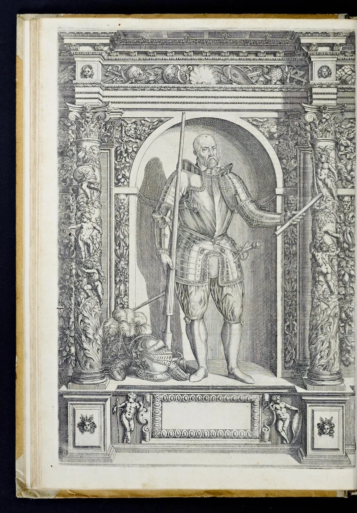 An illustration from Der aller durchleuchtigisten und grossmächtigen Kayser ... Königen und Ertzherzogen ... Fürsten wie auch Grafen, Herren vom Adel ... warhafftige Bildtnussen und kurtze Beschreibungen ihrer so wol in Fridts: als Kriegszzeiten verrichten fürnembsten Thaten und Handlungen : deren Waffen und Rüstungen ... fasst auss allen Landen der Welt ... unnd in der weytberühmbten Künstkammer ... in dem fürstlichen Schloss Ombrass, nit weyt von Inssprugg gelegen ... zu ewiger Gedächtnuss auffbehalten werden ..., 1603, leaf 95