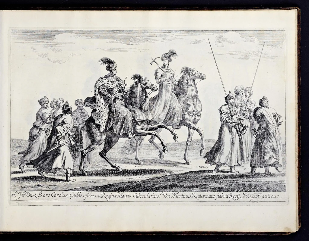 An illustration from Das grosse Carrosel und prächtige Ring-Rännen : nebst dem was sonsten fürtrefliches zu sehen war, alss ... Carl der eÿlffte, die Regierung seines vaterlichen Erb-Königreichs anno M.DC.LXXII. den XVIII.den Decembris ln seiner königlichen Residentz zu Stockholm antratt, 1685, leaf 118