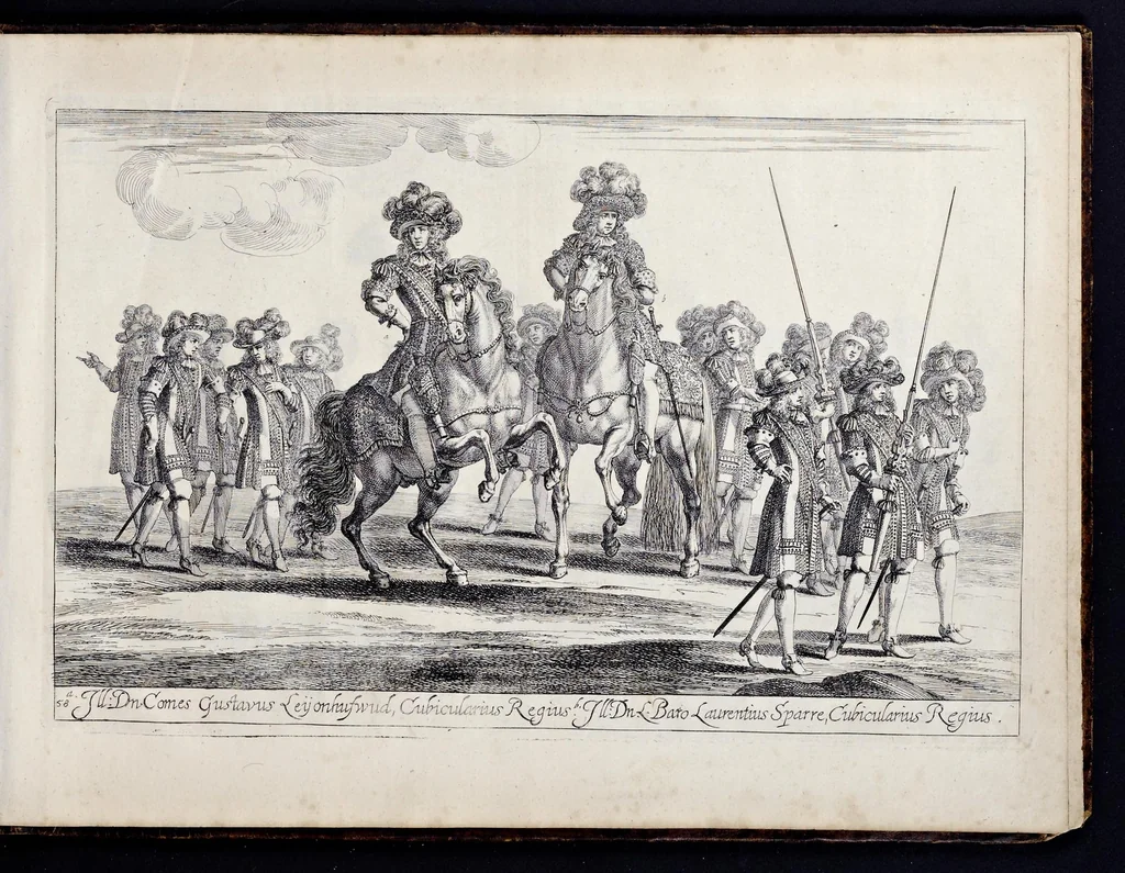 An illustration from Das grosse Carrosel und prächtige Ring-Rännen : nebst dem was sonsten fürtrefliches zu sehen war, alss ... Carl der eÿlffte, die Regierung seines vaterlichen Erb-Königreichs anno M.DC.LXXII. den XVIII.den Decembris ln seiner königlichen Residentz zu Stockholm antratt, 1685, leaf 140