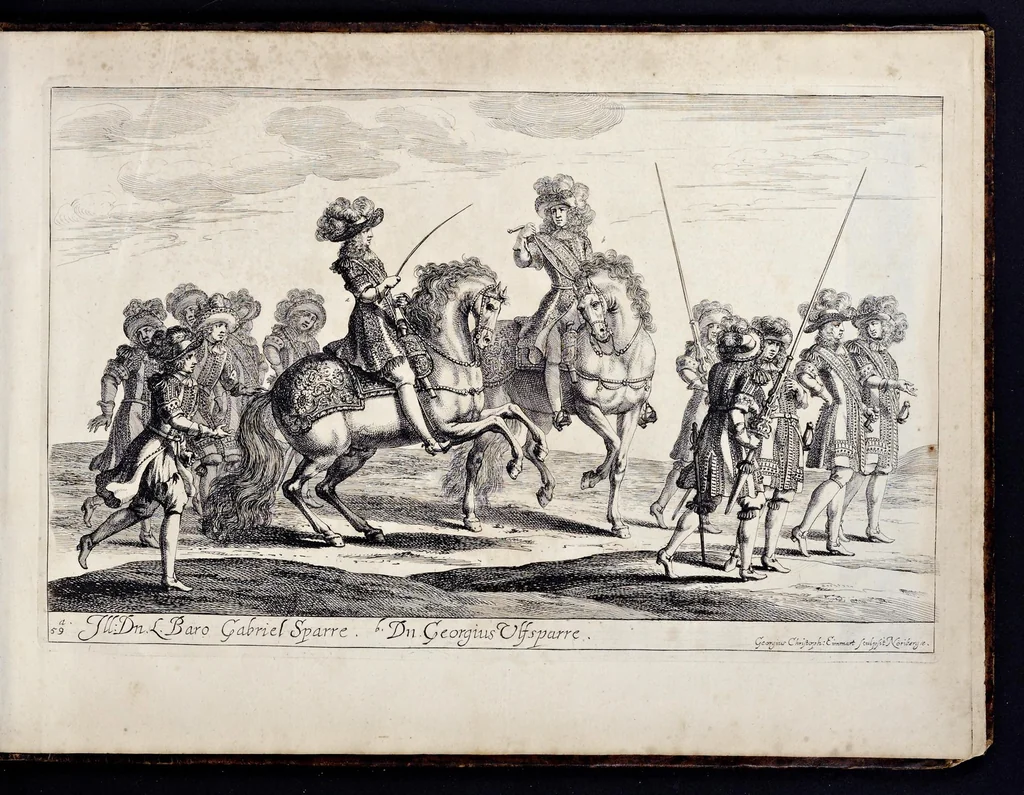An illustration from Das grosse Carrosel und prächtige Ring-Rännen : nebst dem was sonsten fürtrefliches zu sehen war, alss ... Carl der eÿlffte, die Regierung seines vaterlichen Erb-Königreichs anno M.DC.LXXII. den XVIII.den Decembris ln seiner königlichen Residentz zu Stockholm antratt, 1685, leaf 142