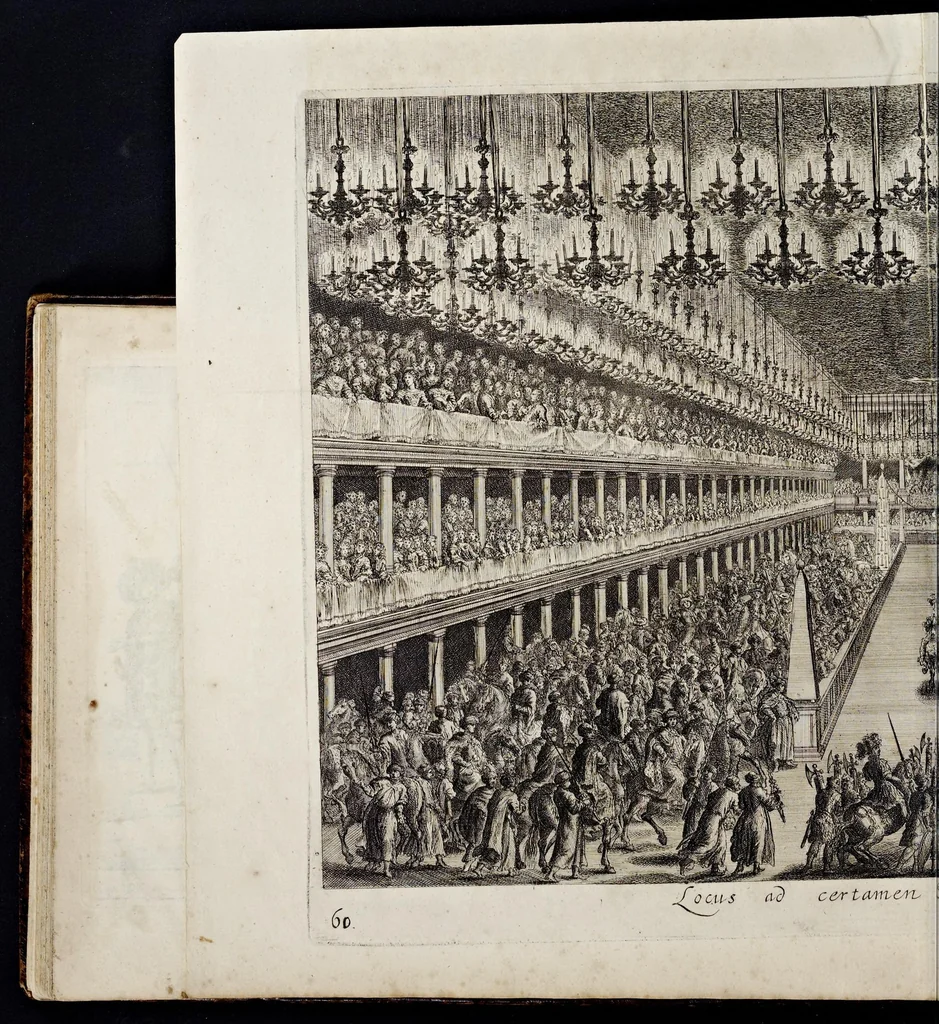 An illustration from Das grosse Carrosel und prächtige Ring-Rännen : nebst dem was sonsten fürtrefliches zu sehen war, alss ... Carl der eÿlffte, die Regierung seines vaterlichen Erb-Königreichs anno M.DC.LXXII. den XVIII.den Decembris ln seiner königlichen Residentz zu Stockholm antratt, 1685, leaf 145