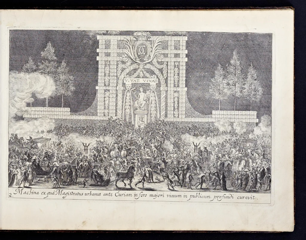 An illustration from Das grosse Carrosel und prächtige Ring-Rännen : nebst dem was sonsten fürtrefliches zu sehen war, alss ... Carl der eÿlffte, die Regierung seines vaterlichen Erb-Königreichs anno M.DC.LXXII. den XVIII.den Decembris ln seiner königlichen Residentz zu Stockholm antratt, 1685, leaf 28