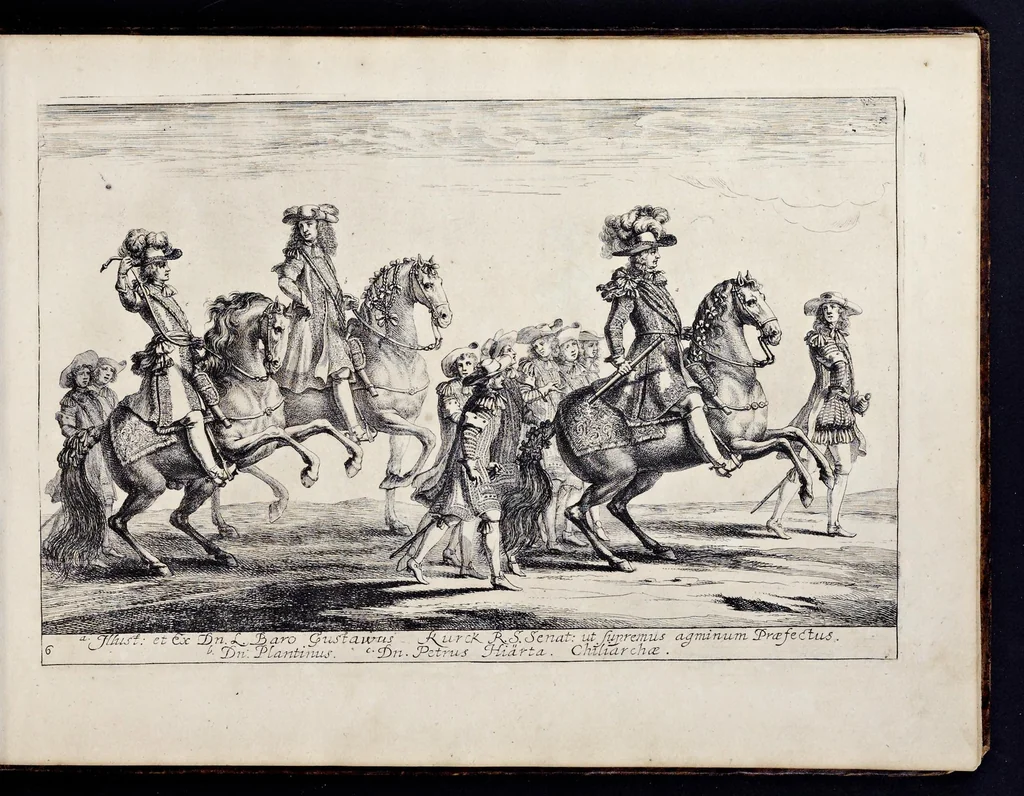 An illustration from Das grosse Carrosel und prächtige Ring-Rännen : nebst dem was sonsten fürtrefliches zu sehen war, alss ... Carl der eÿlffte, die Regierung seines vaterlichen Erb-Königreichs anno M.DC.LXXII. den XVIII.den Decembris ln seiner königlichen Residentz zu Stockholm antratt, 1685, leaf 36