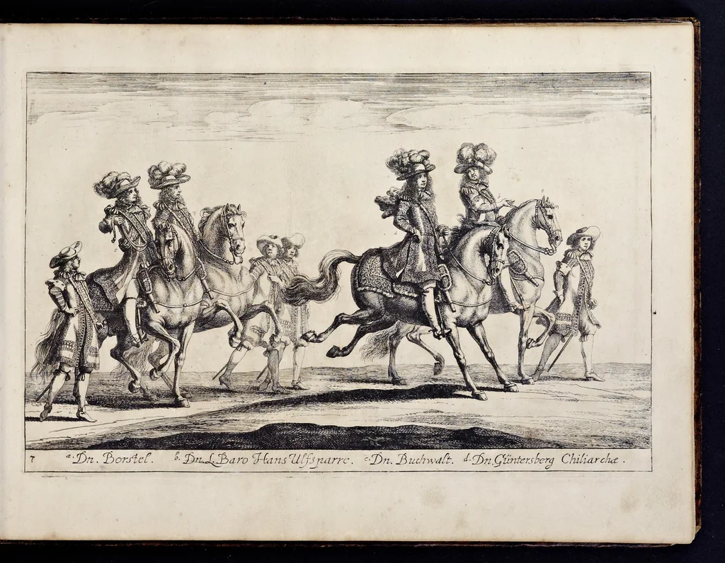 An illustration from Das grosse Carrosel und prächtige Ring-Rännen : nebst dem was sonsten fürtrefliches zu sehen war, alss ... Carl der eÿlffte, die Regierung seines vaterlichen Erb-Königreichs anno M.DC.LXXII. den XVIII.den Decembris ln seiner königlichen Residentz zu Stockholm antratt, 1685, leaf 38