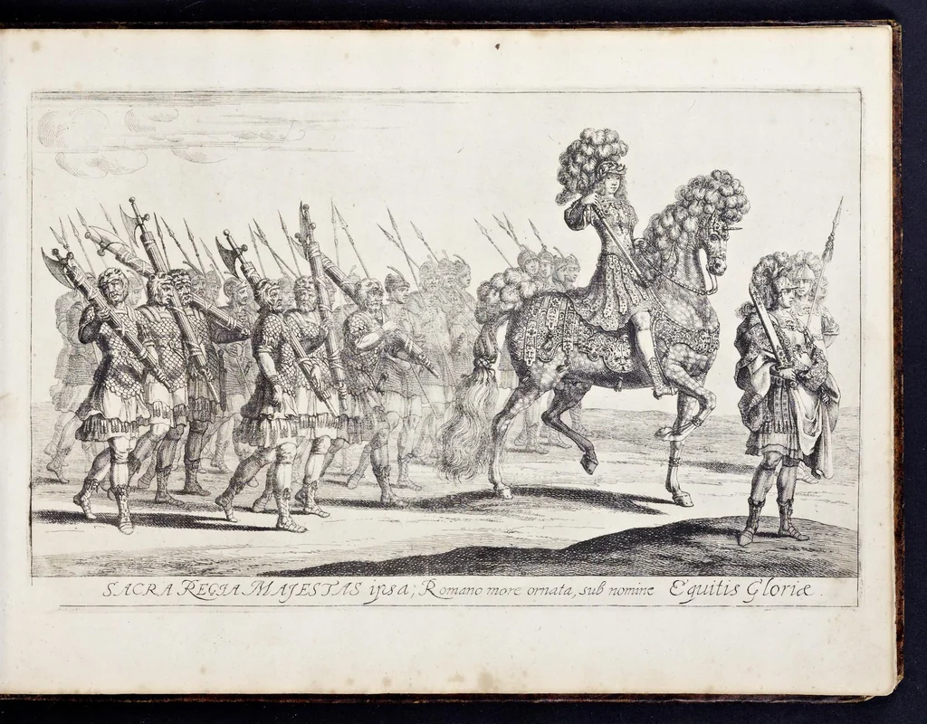 An illustration from Das grosse Carrosel und prächtige Ring-Rännen : nebst dem was sonsten fürtrefliches zu sehen war, alss ... Carl der eÿlffte, die Regierung seines vaterlichen Erb-Königreichs anno M.DC.LXXII. den XVIII.den Decembris ln seiner königlichen Residentz zu Stockholm antratt, 1685, leaf 66