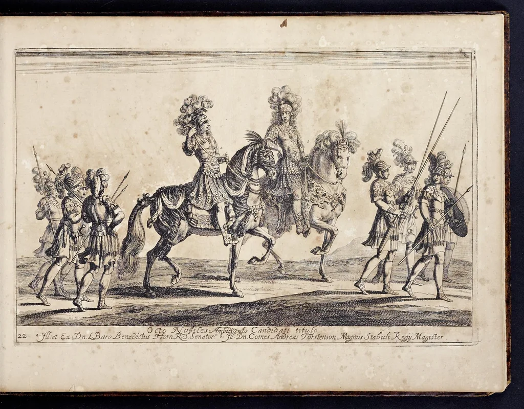 An illustration from Das grosse Carrosel und prächtige Ring-Rännen : nebst dem was sonsten fürtrefliches zu sehen war, alss ... Carl der eÿlffte, die Regierung seines vaterlichen Erb-Königreichs anno M.DC.LXXII. den XVIII.den Decembris ln seiner königlichen Residentz zu Stockholm antratt, 1685, leaf 68