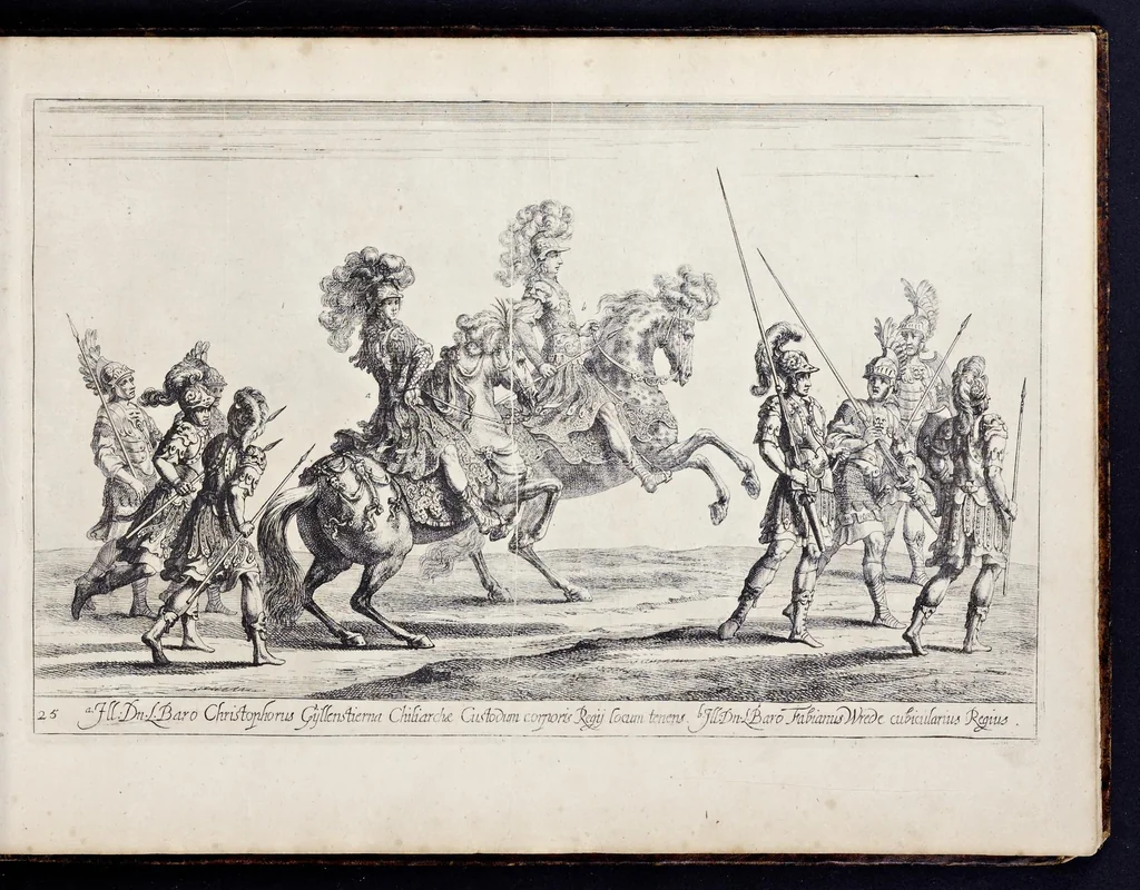 An illustration from Das grosse Carrosel und prächtige Ring-Rännen : nebst dem was sonsten fürtrefliches zu sehen war, alss ... Carl der eÿlffte, die Regierung seines vaterlichen Erb-Königreichs anno M.DC.LXXII. den XVIII.den Decembris ln seiner königlichen Residentz zu Stockholm antratt, 1685, leaf 74