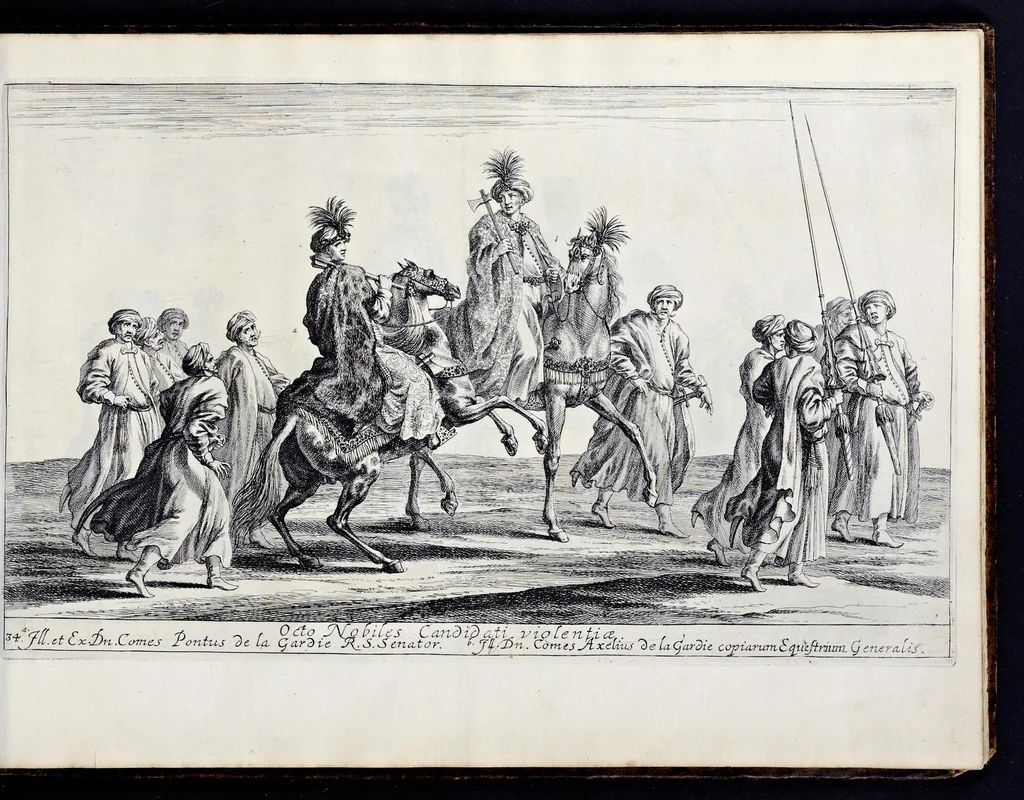 An illustration from Das grosse Carrosel und prächtige Ring-Rännen : nebst dem was sonsten fürtrefliches zu sehen war, alss ... Carl der eÿlffte, die Regierung seines vaterlichen Erb-Königreichs anno M.DC.LXXII. den XVIII.den Decembris ln seiner königlichen Residentz zu Stockholm antratt, 1685, leaf 92
