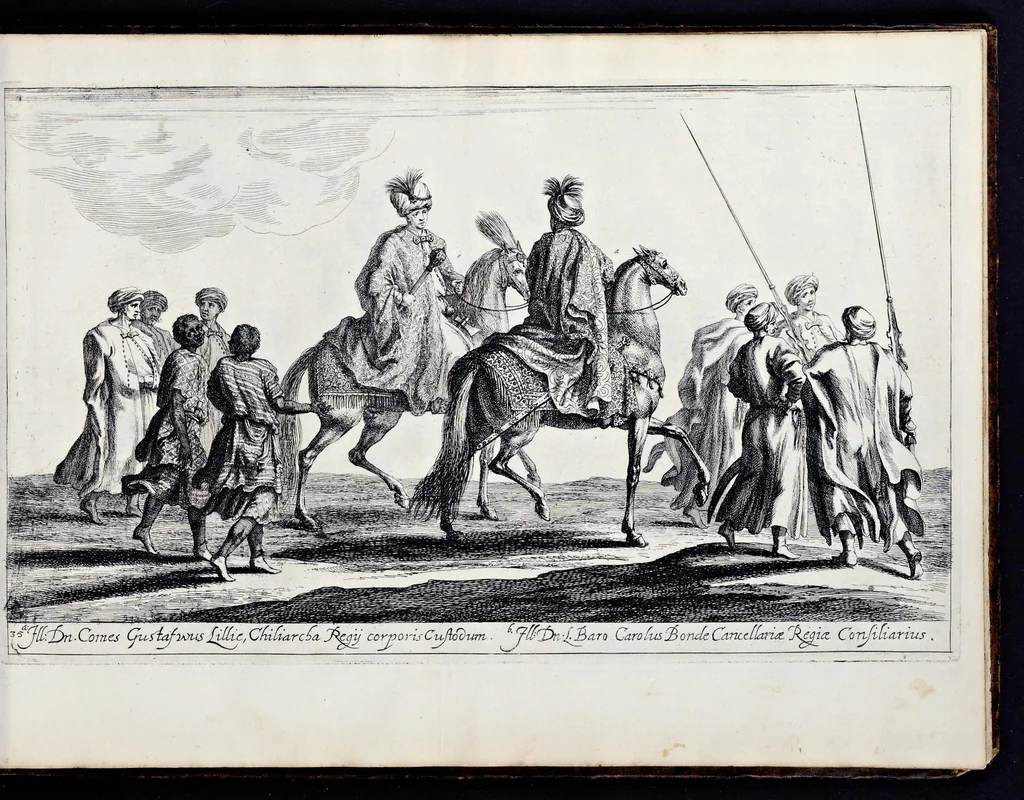 An illustration from Das grosse Carrosel und prächtige Ring-Rännen : nebst dem was sonsten fürtrefliches zu sehen war, alss ... Carl der eÿlffte, die Regierung seines vaterlichen Erb-Königreichs anno M.DC.LXXII. den XVIII.den Decembris ln seiner königlichen Residentz zu Stockholm antratt, 1685, leaf 94