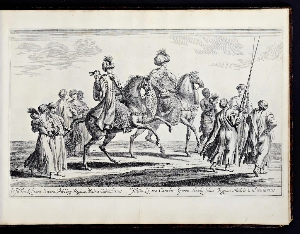 An illustration from Das grosse Carrosel und prächtige Ring-Rännen : nebst dem was sonsten fürtrefliches zu sehen war, alss ... Carl der eÿlffte, die Regierung seines vaterlichen Erb-Königreichs anno M.DC.LXXII. den XVIII.den Decembris ln seiner königlichen Residentz zu Stockholm antratt, 1685, leaf 96