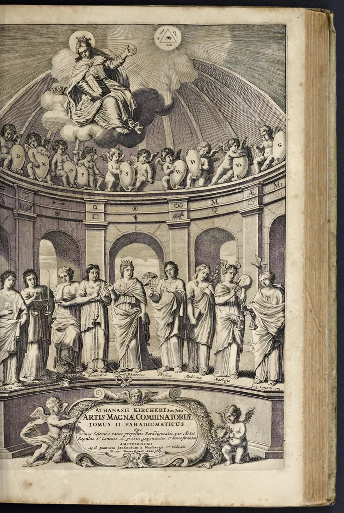 An illustration from Athanasii Kircheri e Soc. Jesu Ars magna sciendi, in XII libros digesta : qua nova & universali methodo per artificiosum combinationum contextum de omni re proposita plurimis & prope infinitis rationibus disputari, omniumque summaria quaedam cognitio comparari potest, 1669, leaf 270