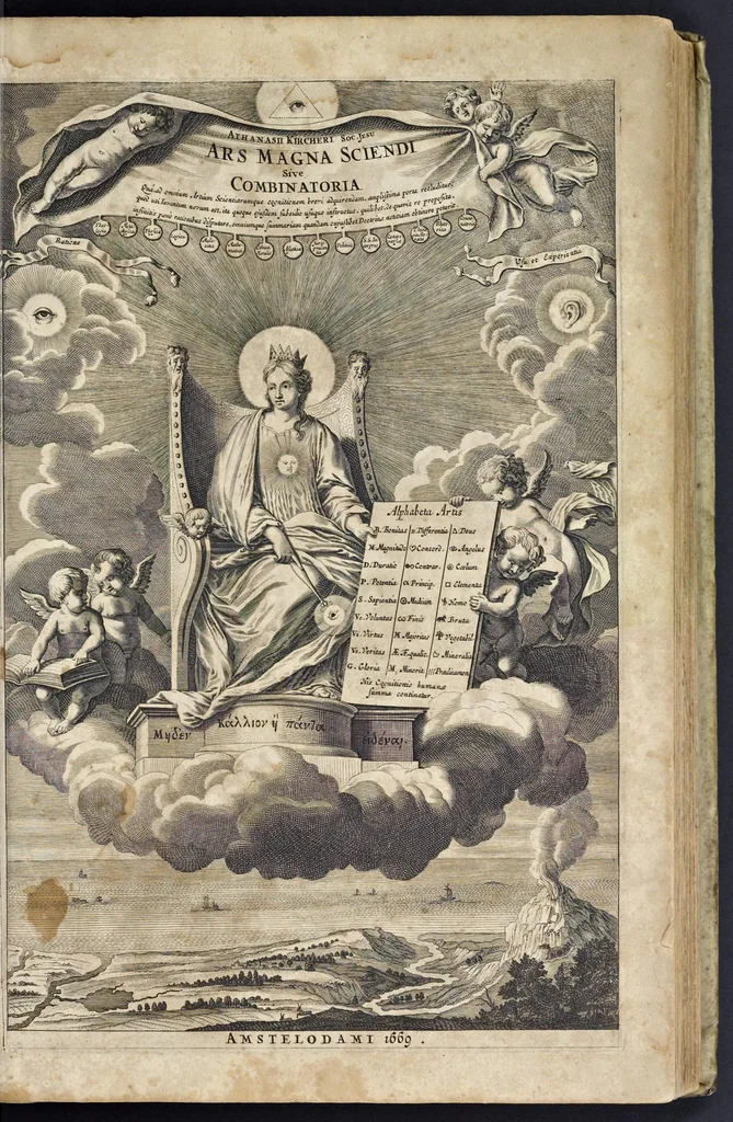 An illustration from Athanasii Kircheri e Soc. Jesu Ars magna sciendi, in XII libros digesta : qua nova & universali methodo per artificiosum combinationum contextum de omni re proposita plurimis & prope infinitis rationibus disputari, omniumque summaria quaedam cognitio comparari potest, 1669, leaf 6