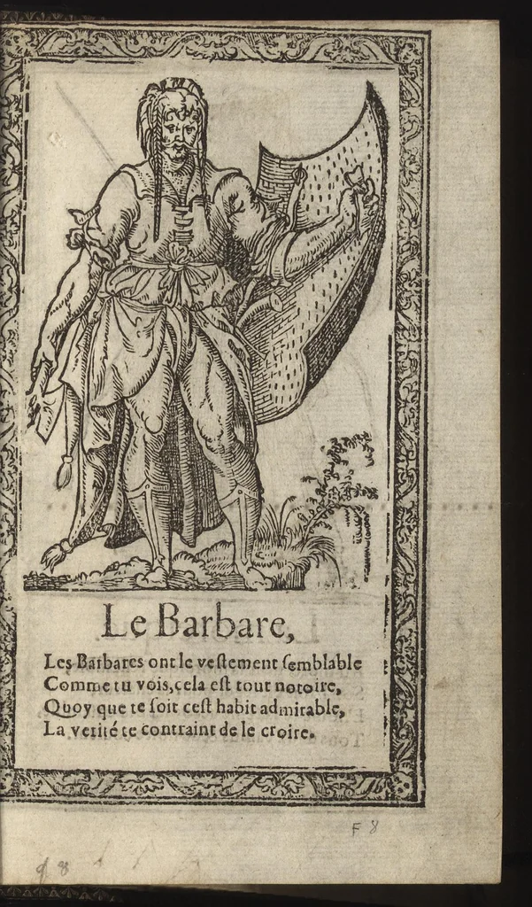 An illustration from Recueil de la diuersité des habits, : qui sont de present en vsage, tant es pays d'Europe. Asie, Affrique & Isles sauuages, le tout fait apres le naturel, 1567, leaf 100