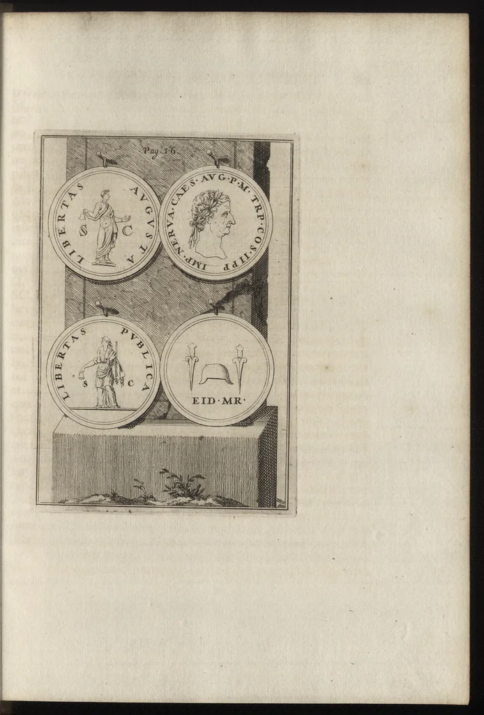 An illustration from Constantii Landi, Complani comitis, Selectiorvm nvmismatvm praecipve Romanorvm expositiones : elegantibus nummorum ectypis, & indicibus necessariis instructae, 1695, leaf 102