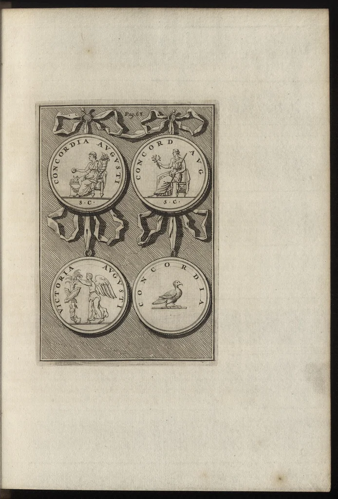 An illustration from Constantii Landi, Complani comitis, Selectiorvm nvmismatvm praecipve Romanorvm expositiones : elegantibus nummorum ectypis, & indicibus necessariis instructae, 1695, leaf 122