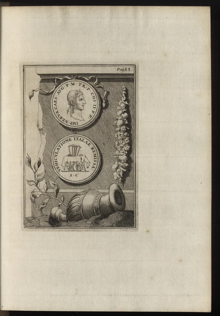 An illustration from Constantii Landi, Complani comitis, Selectiorvm nvmismatvm praecipve Romanorvm expositiones : elegantibus nummorum ectypis, & indicibus necessariis instructae, 1695, leaf 156