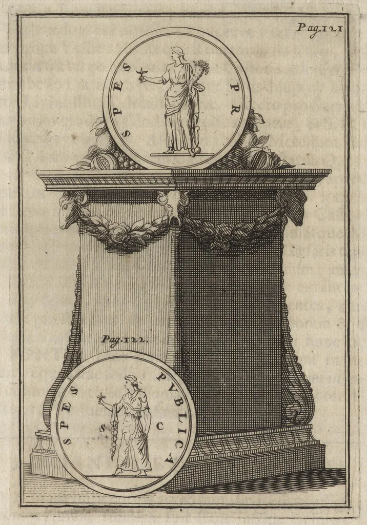 An illustration from Constantii Landi, Complani comitis, Selectiorvm nvmismatvm praecipve Romanorvm expositiones : elegantibus nummorum ectypis, & indicibus necessariis instructae, 1695, leaf 202